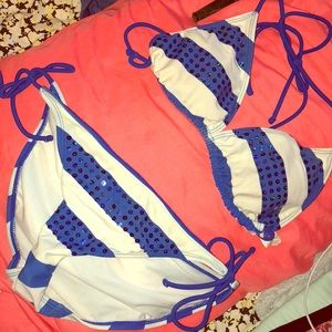 White and blue striped bathing suit set